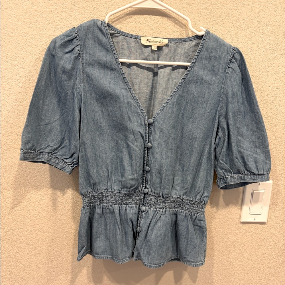Madewell Chambray Button-Front Peplum Top - Blue - Size 2